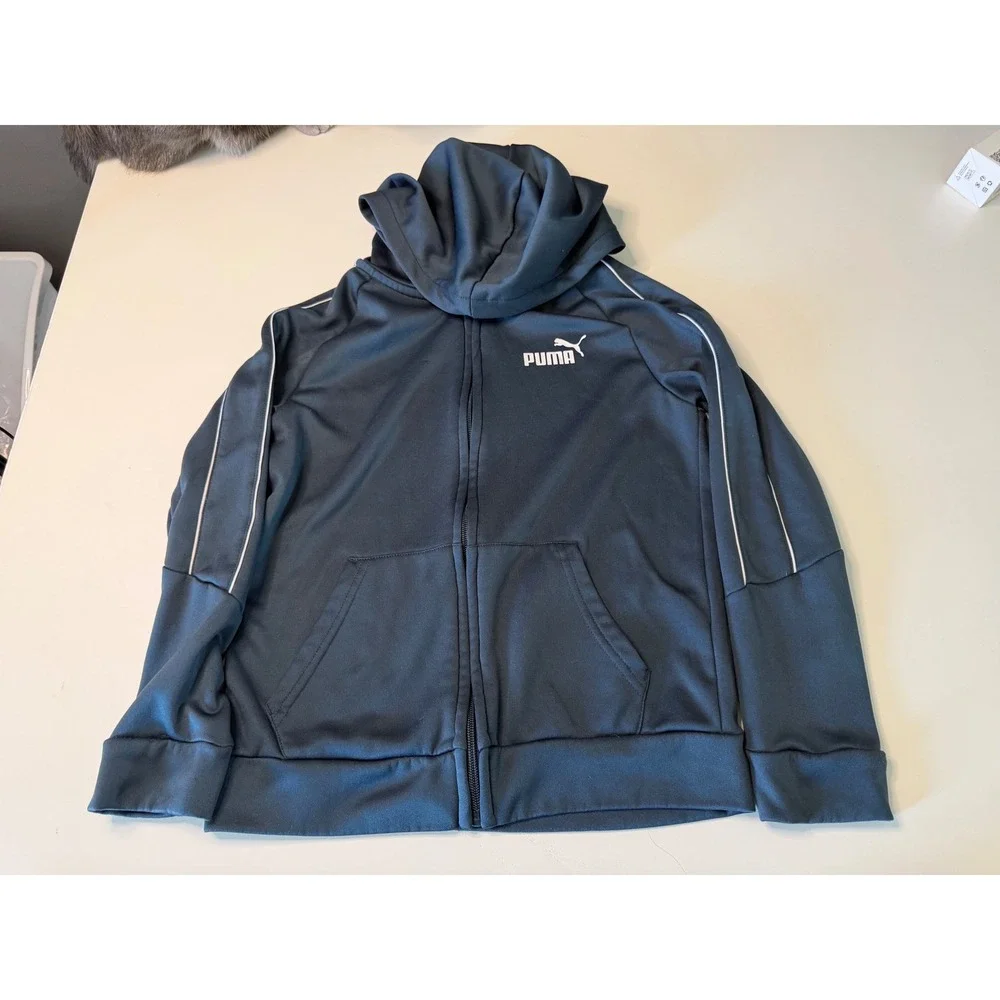 Puma Boys Navy Blue Full Zip Hooded Track Jacket Gold Logo Fleece Size 10